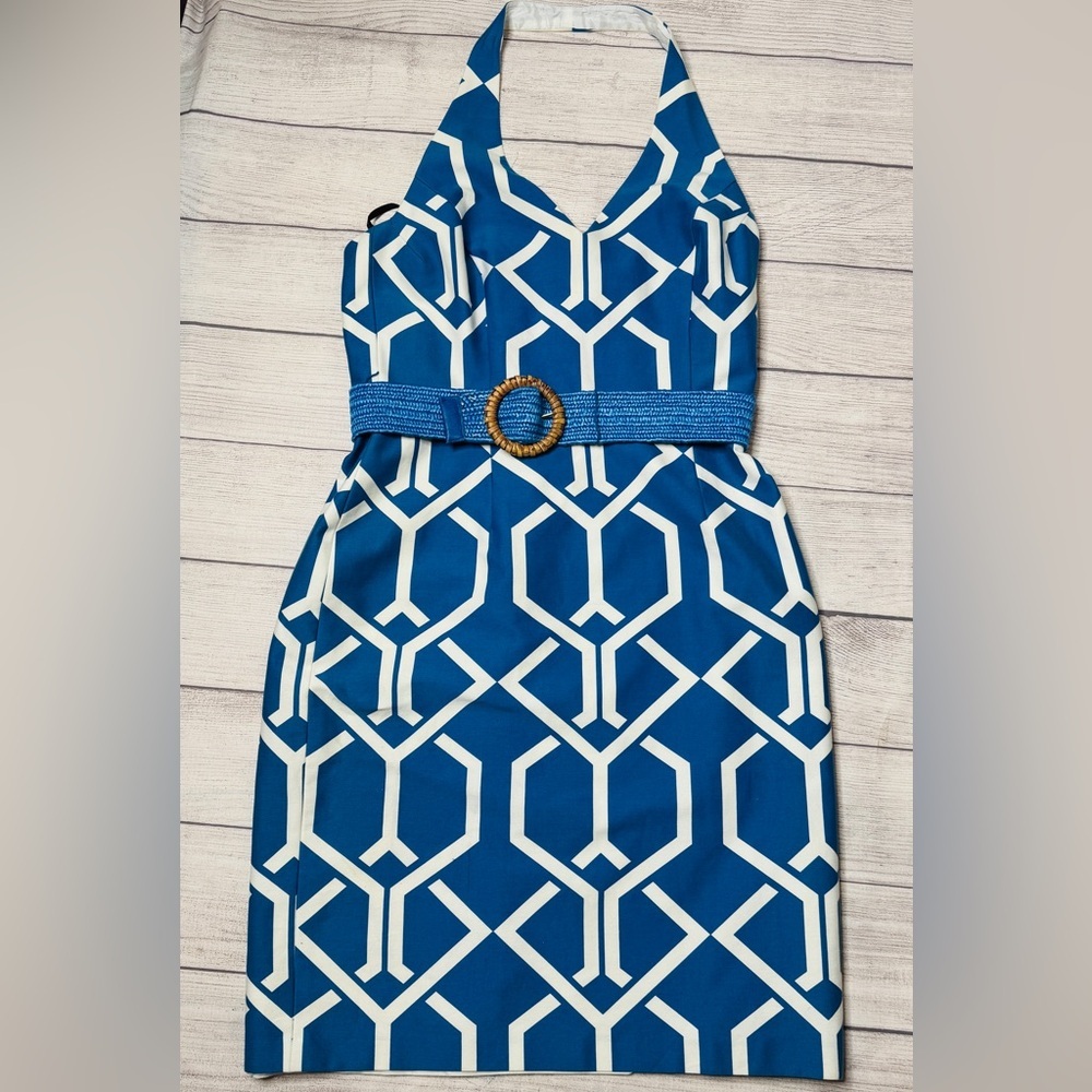 David Meister Blue White Geometric Halter Dress Size‎ 10
